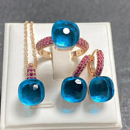 Conjunto de Joias Femininas 3 Peças - Anel, Brincos e Colar Banhados a Ouro Rosé com Zircônia Roxa Incrustada
