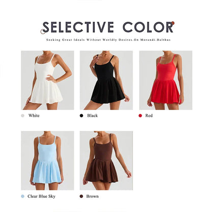 Women's Summer Sleeveless Sports Dress Breathable Tennis Dress One-Piece Mini Skirt Golf Skirts Jumpsuit With Pockets