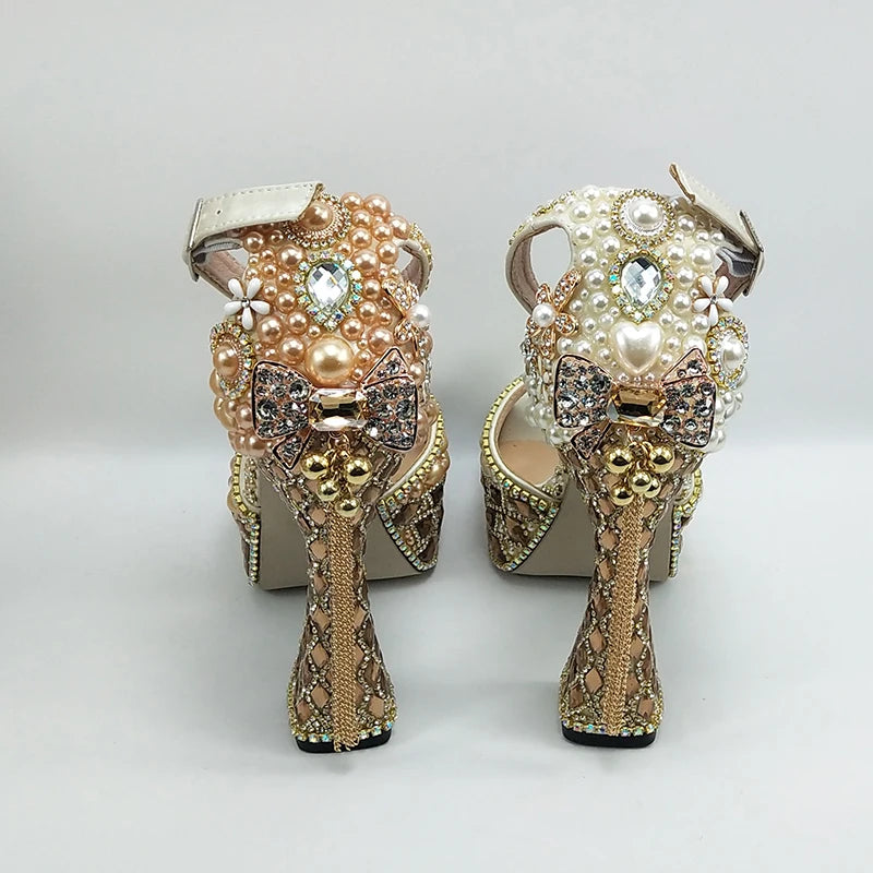 Luxury Champagne Golden Crystal wedding shoes matching bags woman fashion Thick heel Women party dress shoes Pointed Toe shoes