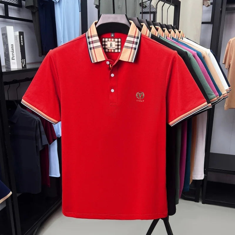 High end brand men's short sleeve polo shirt summer new letter emboss lightweight breathable fashion color blocked lapel T-shirt