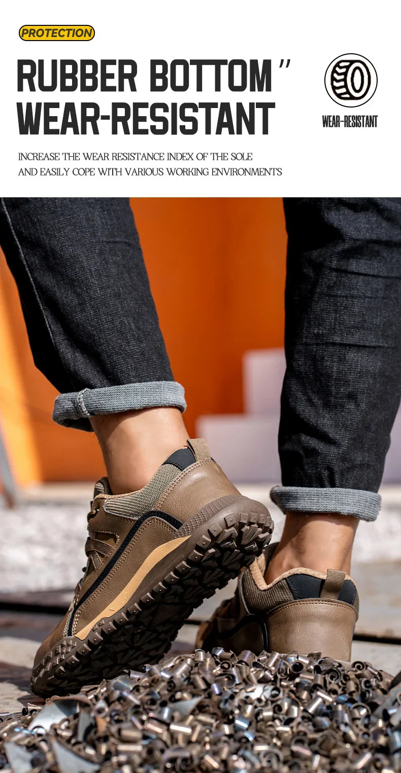 New Safety Men Work Sneakers Anti-smash Indestructible Shoes Steel Toe Protective Boots Anti-puncture Brown Work Safety Shoes