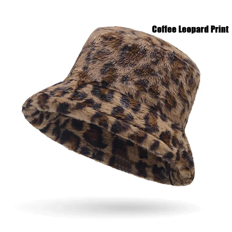 New Fall and Winter Thickened Warm Womens Plush Bucket Hat Leopard Hat