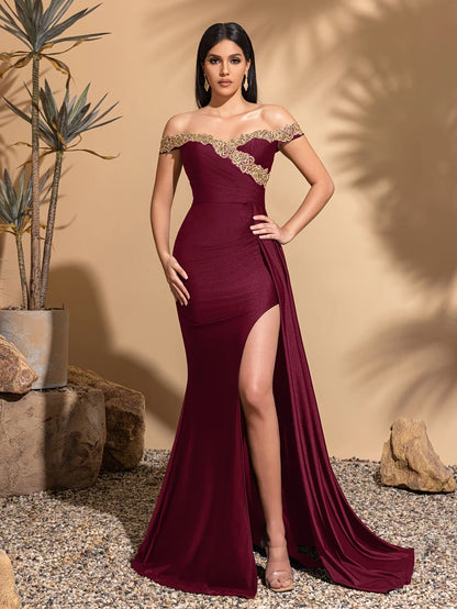 Off-the-shoulder lace neckline, pleated waist and side ribbon slit dress