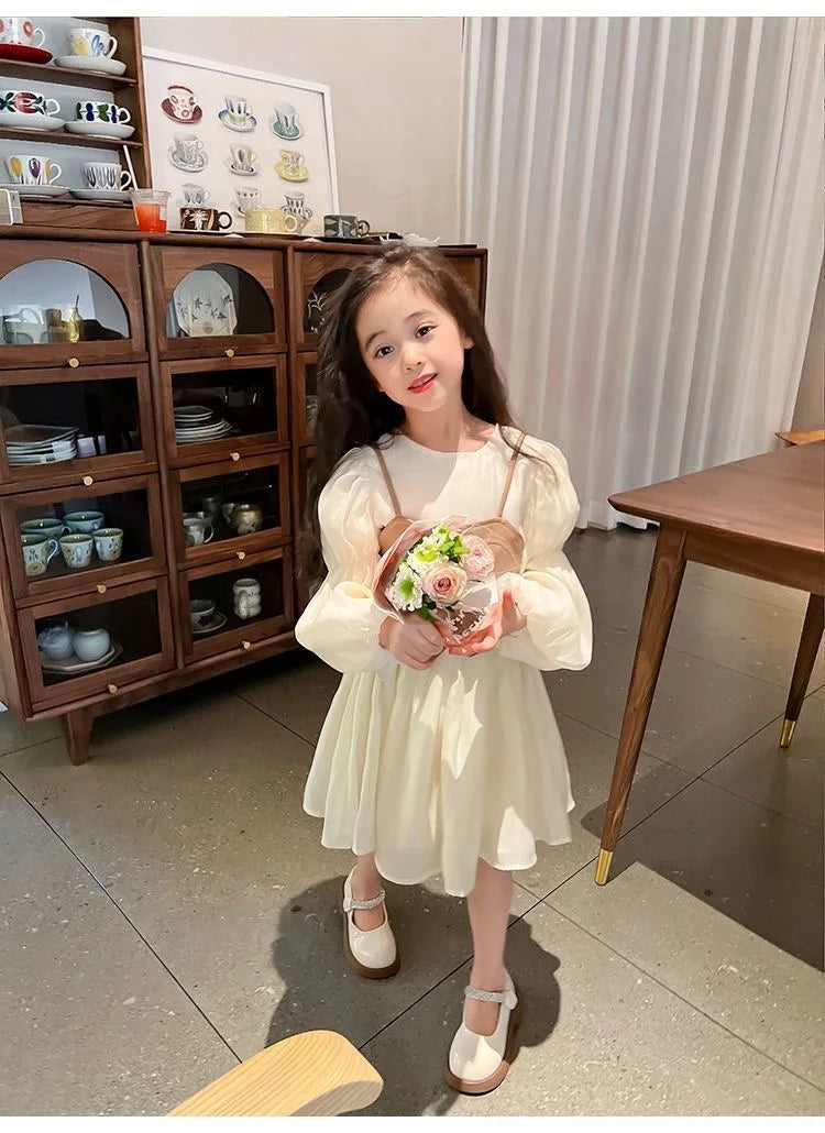 Spring Autumn Girls Dress Set Long Sleeve Children's Retro PU Leather Vest Dress Set Teenage Girls Clothing Suit 4 6 8  12Y