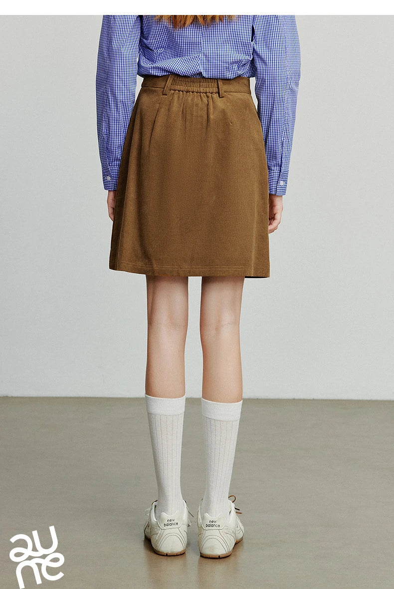 Women Midi Skirt 2025 Autumn New Retro Corduroy Elastic Waist Pure Cotton A Line Mini Skirt