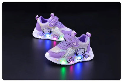 Kids'Casual Shoes Girls Led Light Cartoon PU Leather Fashion Sport Flat Bottom Shoes Breathable White Pink Size 21-30