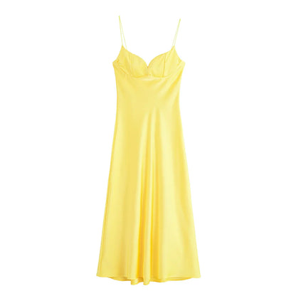 Women Red V-Neck Holiday Style Satin Texture Long Dress Sleeveless Summer Women's Back Zipper Fashion Sling Dresses