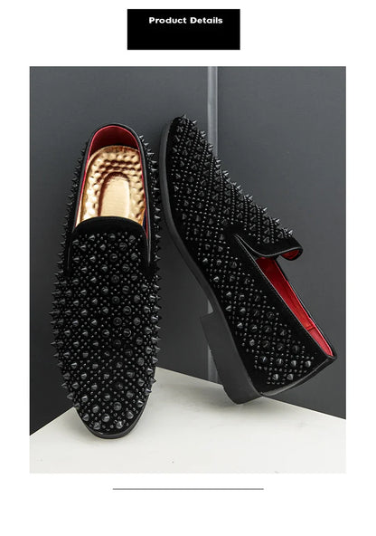 Hairdresser personality trend rivet hot diamond Loafers men's British vintage rhinestone shoe hipster leather shoes