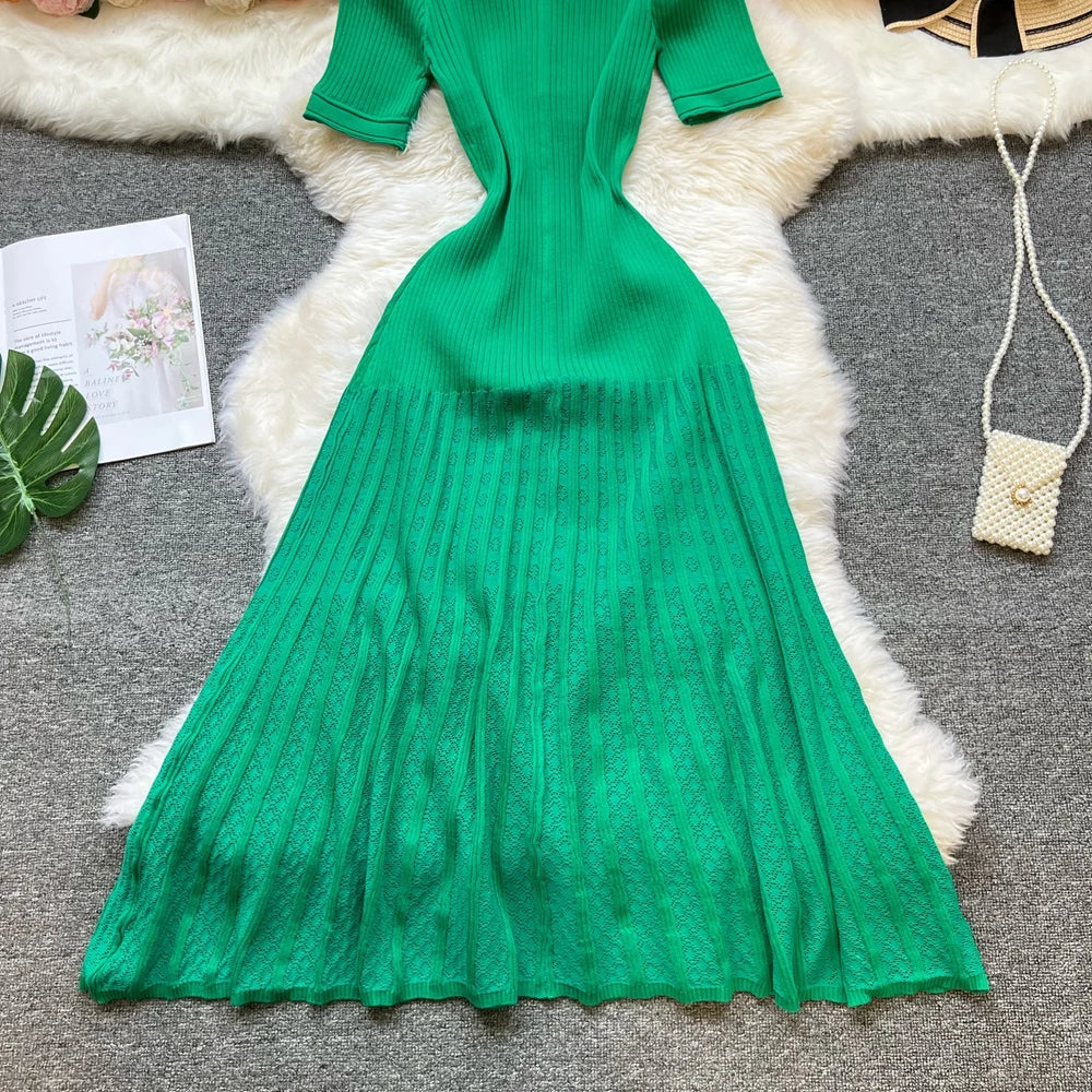 Fashion Vintage Turn-down Collar Knit Maxi Dress Elegant Single-breasted A-line Long Shirt Dress Lady Vestidos