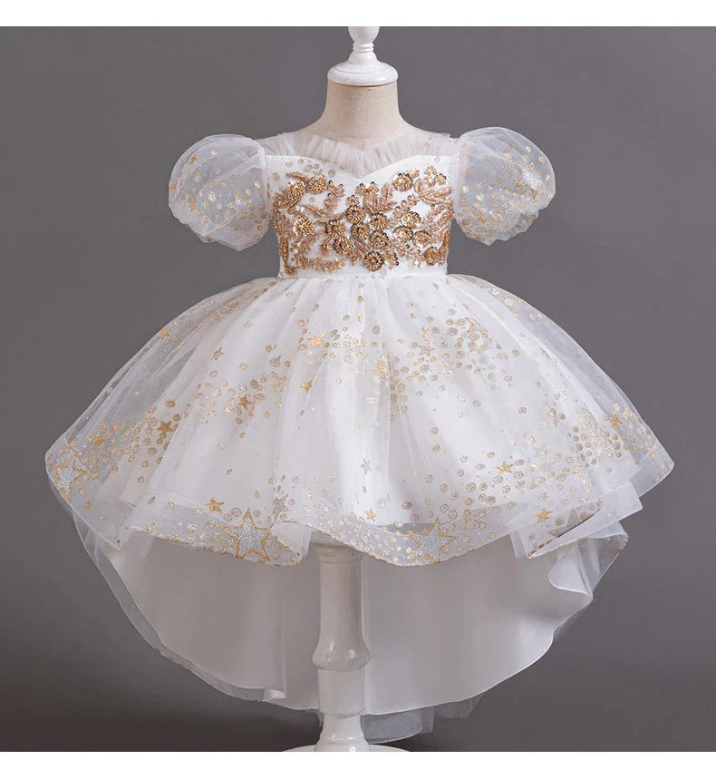 Girl Tail Wedding Bridesmaid Dress Children's Elegant Banquet Dress Children's Round Neck Sleeveless Dress Girl