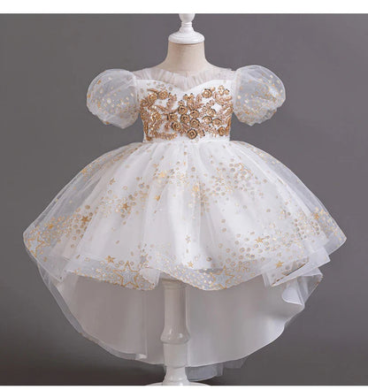 Girl Tail Wedding Bridesmaid Dress Children's Elegant Banquet Dress Children's Round Neck Sleeveless Dress Girl