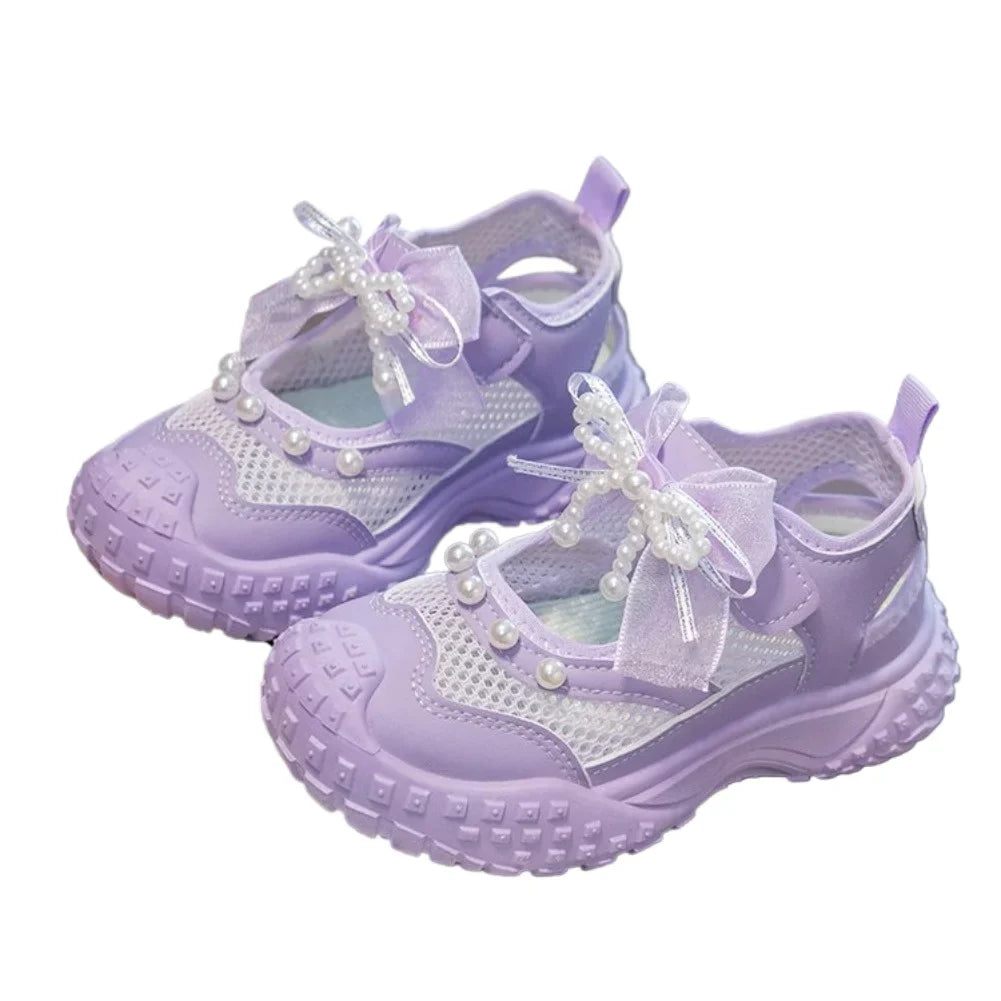 Girls Sports Sandals Sweet Lace Bows Beading Kids Casual Shoes Mesh Breathable Soft 2026 Summer New Children Princess Sandals