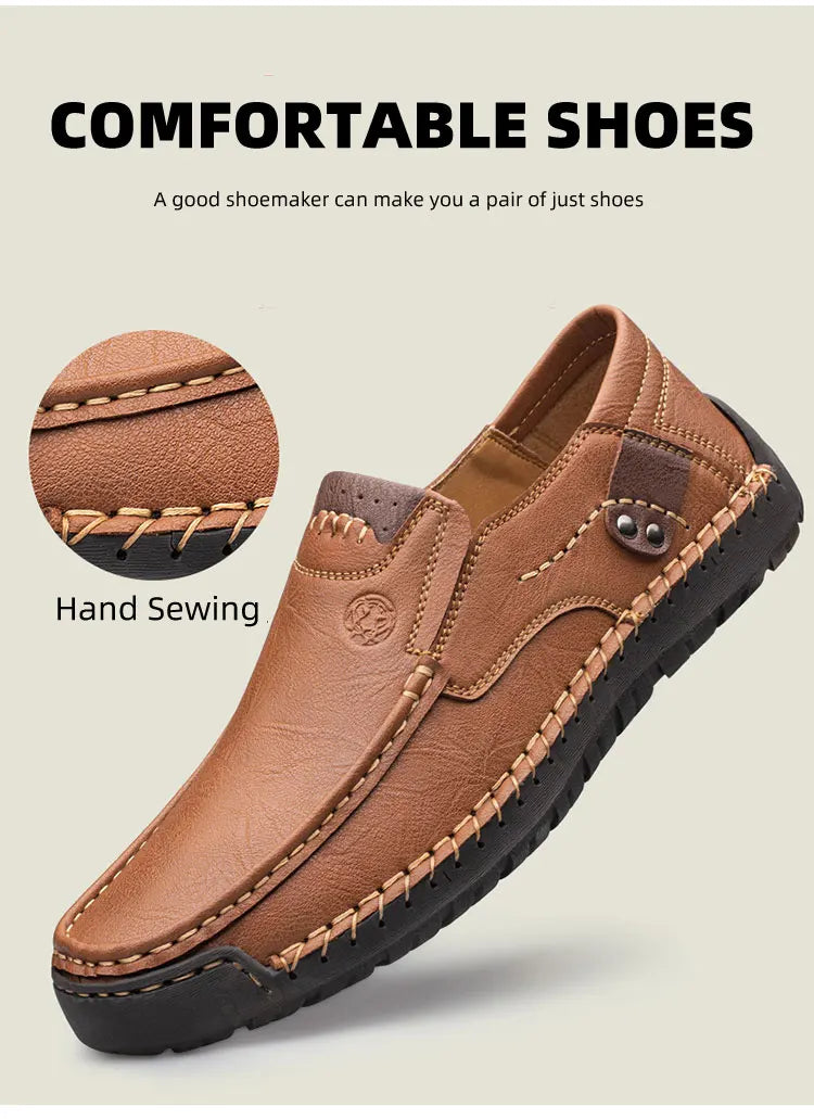 Men's Handmade Thick Rubber Bottom Breathable Casual Leather Shoes Classic Sewn Loafers Comfortable Leisure Footwear