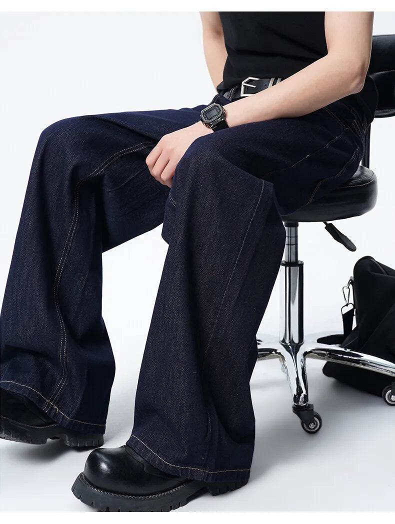 Calça Jeans Masculina Azul Escuro Solta Comprida Reta Clássica De Comprimento Do Chão Atacado Venda Quente Minimalista Casual Streetwear
