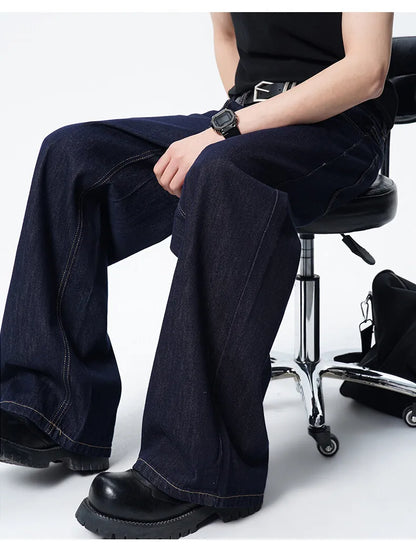 Calça Jeans Masculina Azul Escuro Solta Comprida Reta Clássica De Comprimento Do Chão Atacado Venda Quente Minimalista Casual Streetwear