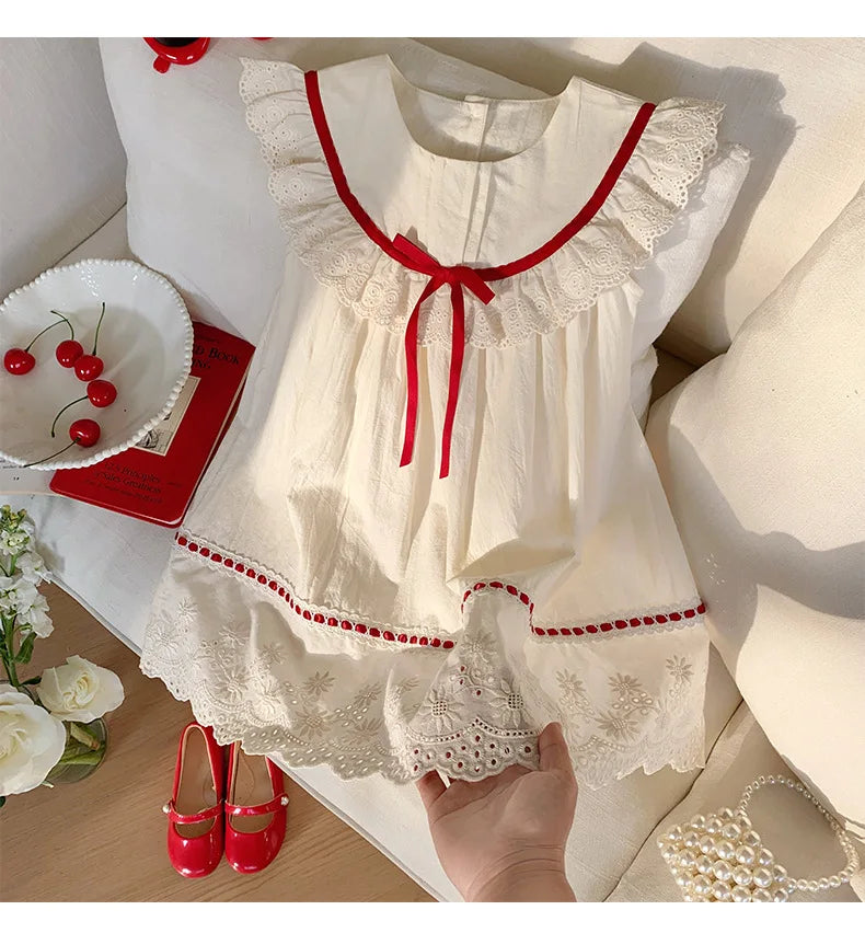Kid Girl Exquisite Dress Ruffled Lace Collar Trimmed in Red Ribbon Red Dotted Lace Cut Out Embroidery on The Skirt for Children