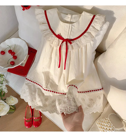 Kid Girl Exquisite Dress Ruffled Lace Collar Trimmed in Red Ribbon Red Dotted Lace Cut Out Embroidery on The Skirt for Children