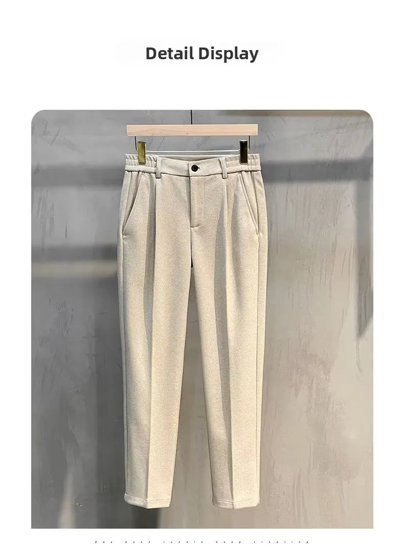 Men's Woolen Straight Leg Casual Pants Autumn Winter Thickened Fashionable Nine Point Pants mid Waist Pure Color Anti-Wrinkle