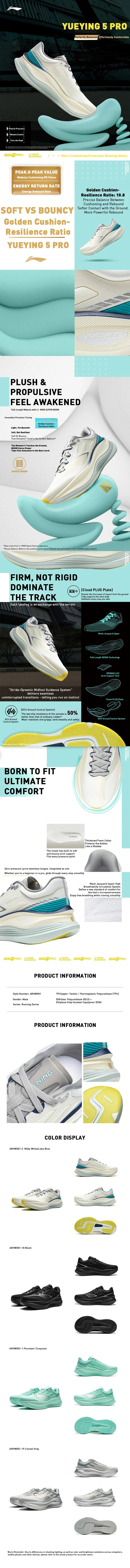 LiNing Tênis de Corrida Masculino YUEYING 5 PRO com Amortecimento Otimizado e Bico Largo SUPER BOOM LiNing Sneakers ARHV013 ARHW001