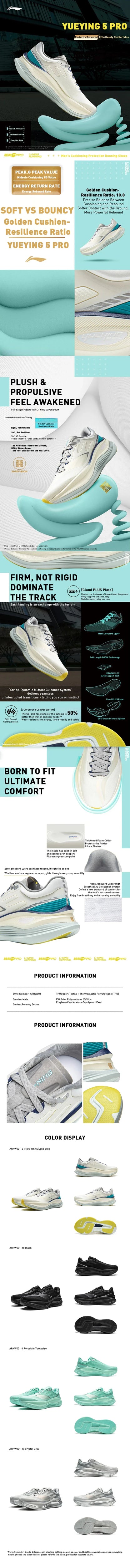 LiNing Tênis de Corrida Masculino YUEYING 5 PRO com Amortecimento Otimizado e Bico Largo SUPER BOOM LiNing Sneakers ARHV013 ARHW001