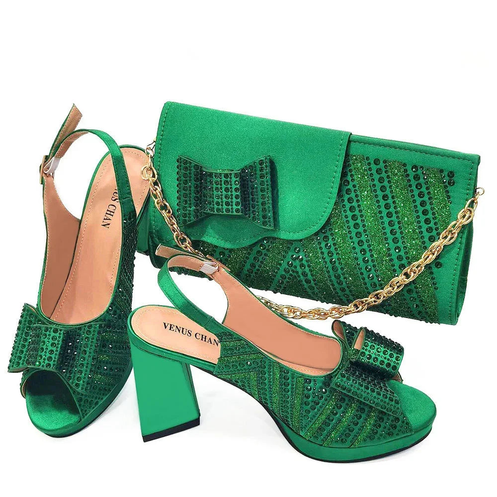 Black Color Elegant High Heels Nigeria Popular Design African Ladies Shoes And Bag Set for Wedding Party