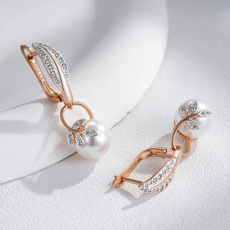 Luxury Pearl Women's Long Drop Earrings 585 Rose Gold Silver Color Ethnic Wedding Party Fine Zircon Jewelry Accessories