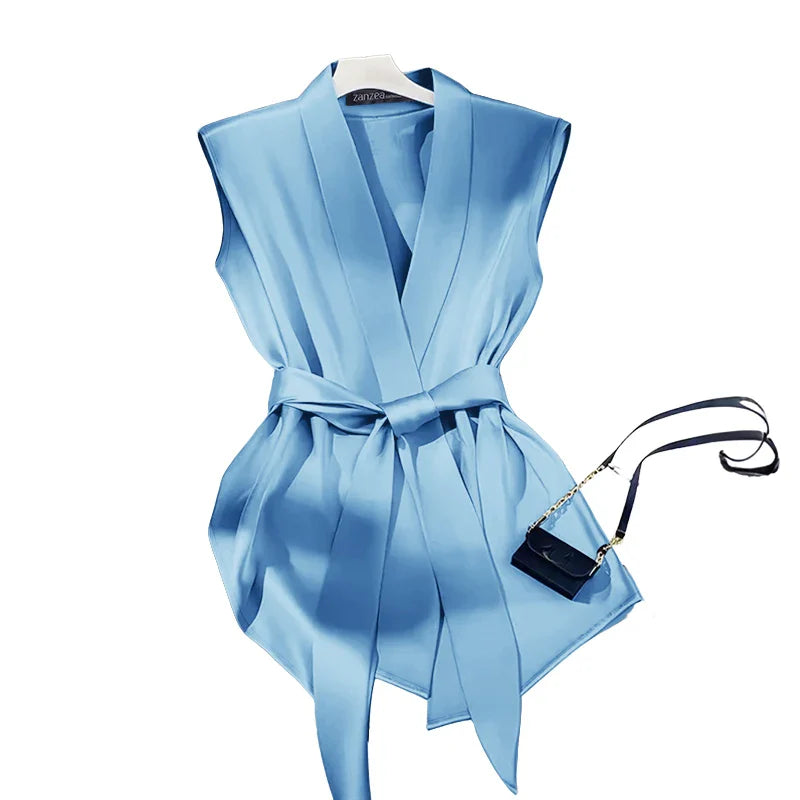 Women Shiny Satin Blouses Elegant Wrapped V-Neck Sleeveless Tops 2025 Summer Office Commuting Belted Party Blusas Mujer