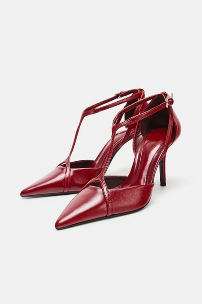 Sexy Pointed Toe Patent Leather Pumps Women Elegant Ankle Strap Buckle Design Thin High Heels for Ladies Party Wedding Shoes