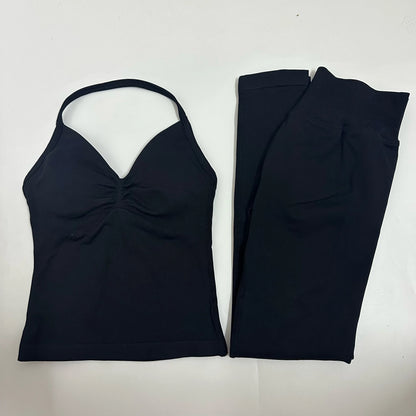 Set of 2 pieces of women's yoga mesh, sleeveless tops with open back, high-waisted gym suit, fitness clothing, yoga set