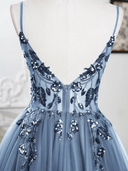Sling Evening Dresses Prom Dress V-Neck A-Line Train High Split Gowns Sexy Spaghetti Straps Illusion Sequins Appliques