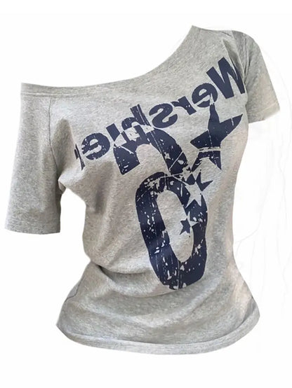 Summer Y2k Sport Off shoulder Top Women Sexy Vintage 2000s Short sleeve T shirt  Lady Body Basic Crop Top Female Casual