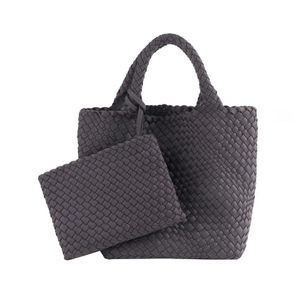 Woven Bag for Women, Neoprene Tote Bag Summer Beach Handbag Purse Retro Handmade Travel Shoulder Bag Set Neoprene Weave Tote Bag