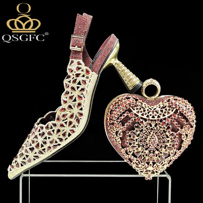 Italian Design Rhinestone-encrusted Sex Ladies Shoes And Special Bag High Heels And Heart Shape Gold Mini Bag