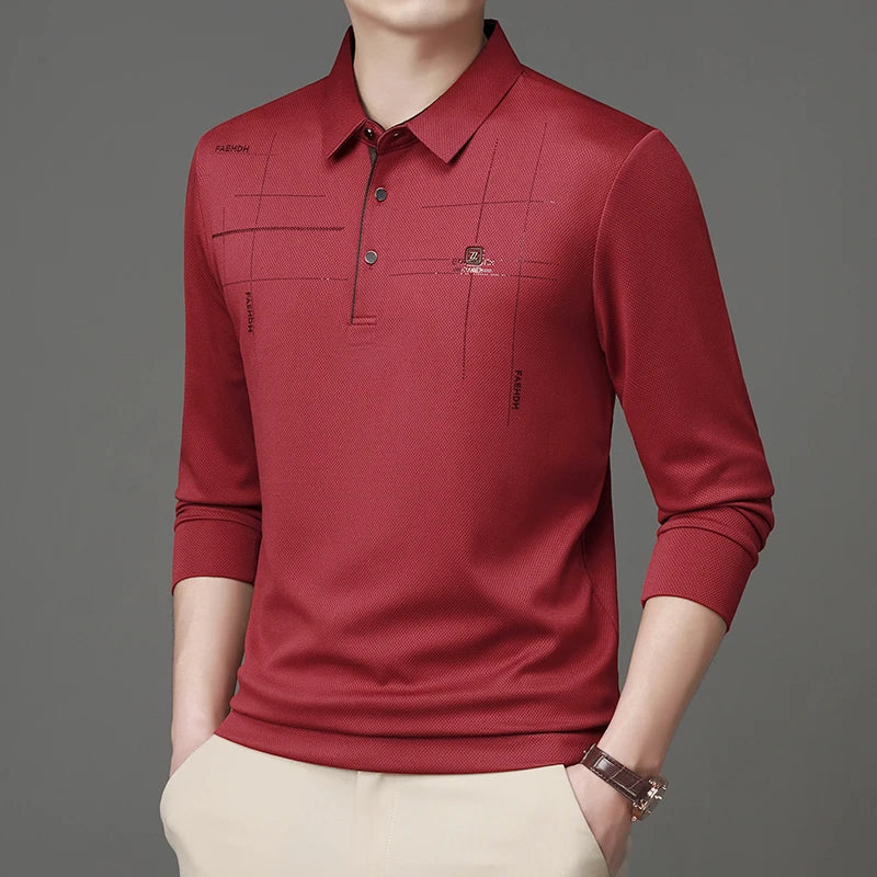 2025 Latest Autumn New Men's Long Sleeve Polo Shirt Middle Aged Business Comfortable Solid Color Men's Collar T-shirt