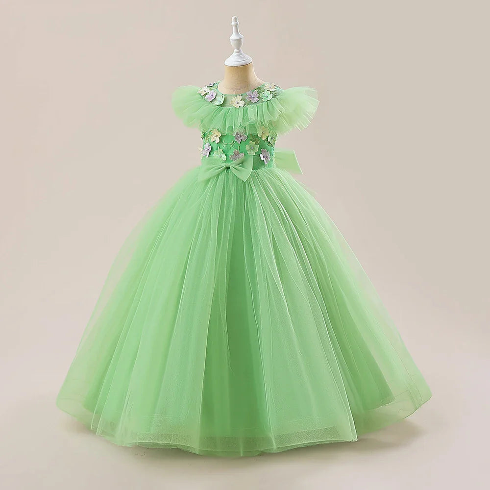 Summer Flower Embroidery Party Bridesmaid Girls Dresses Elegant Tulle Birthday Princess Dress Girls Bow Wedding Prom Kids Clothe
