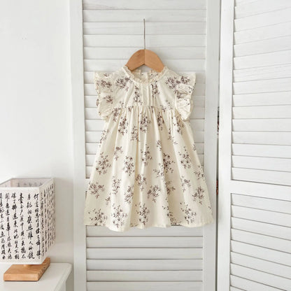 Summer Girls Dress Children's Clothing Bow Embroidered Flower Collar Girl's Dress Cartoon Printed Flying Sleeves Princess Dress