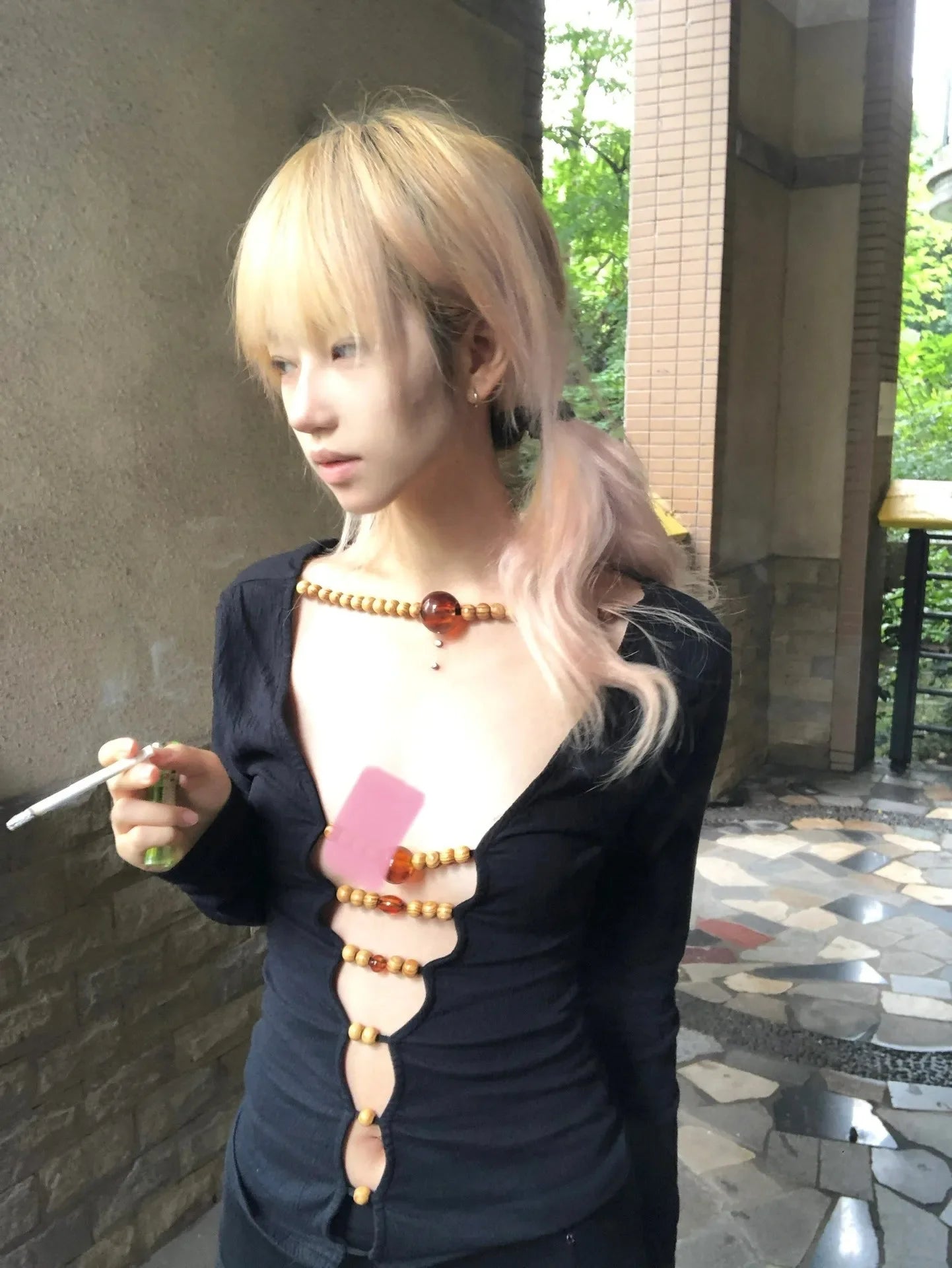 Japanese Y2k Hollow Out Tops Vintage Harajuku Beaded T Shirt 2000s Aesthetics Long Sleeve Slim T-shirts American Retro