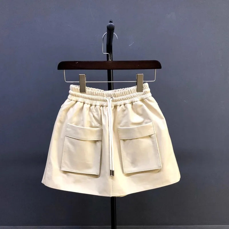 New Autumn Natural Sheepskin Elastic Waist Shorts Skirts A-Line Pocket Wide Leg Casual Above Knee Mini Genuine Leather Skirt 4XL