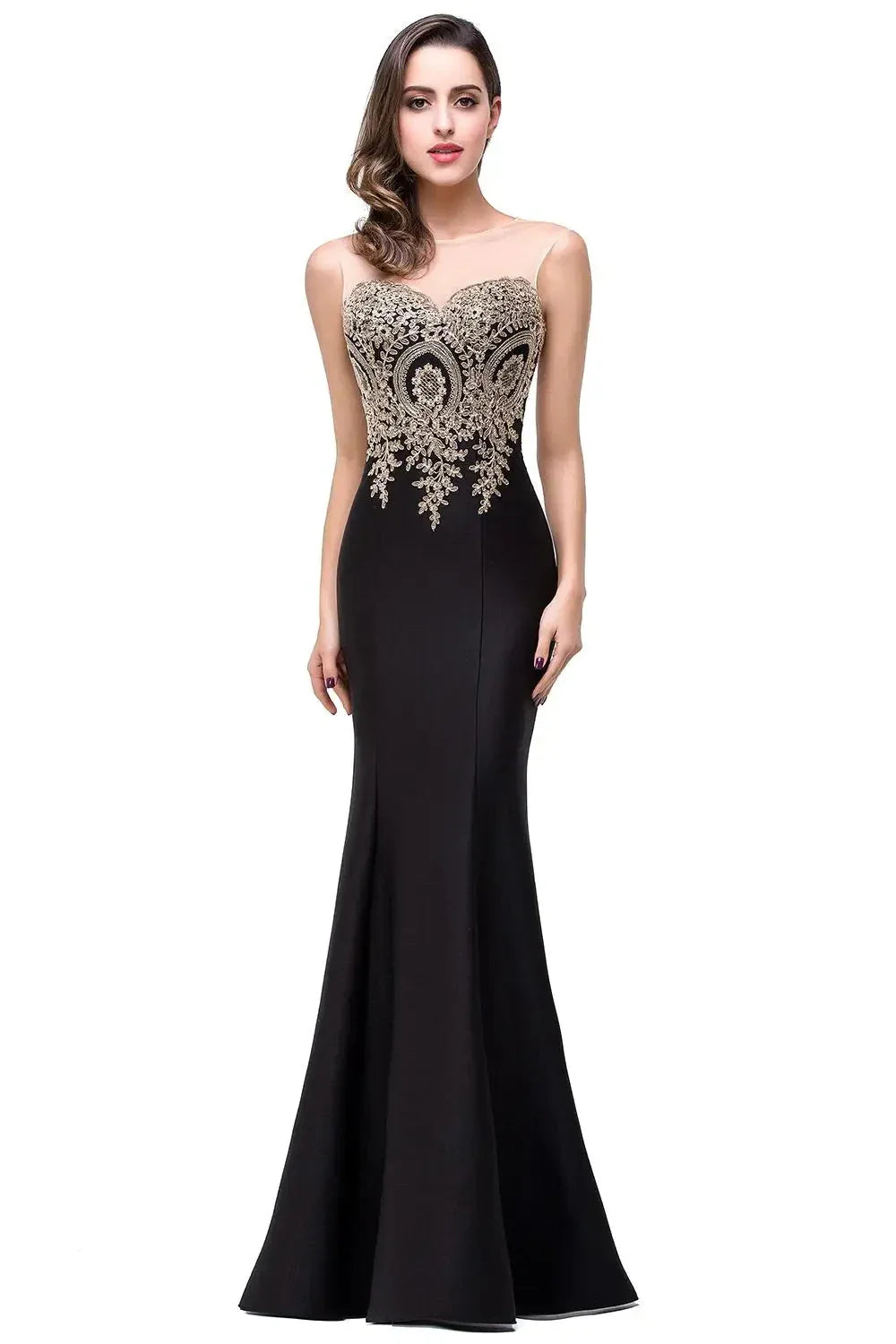 Elegant Mermaid Evening Dress Women Sweetheart Illusion Golden Appliques Lace Wedding Party Prom Gown Robe de Soiree