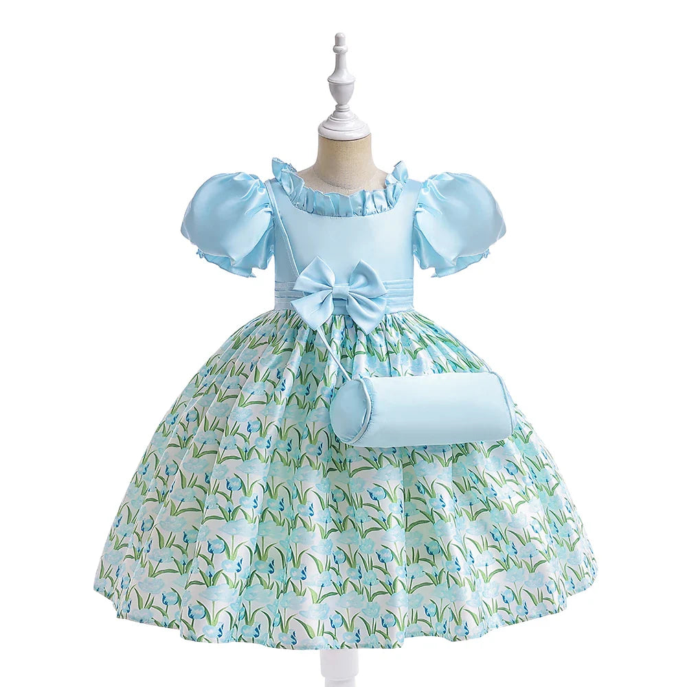 Summer Girls Dress With Bag Elegant Kid Floral Print Princess Party Dresses For Girl Children Costume Birthday Wedding Prom Gown