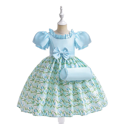 Summer Girls Dress With Bag Elegant Kid Floral Print Princess Party Dresses For Girl Children Costume Birthday Wedding Prom Gown