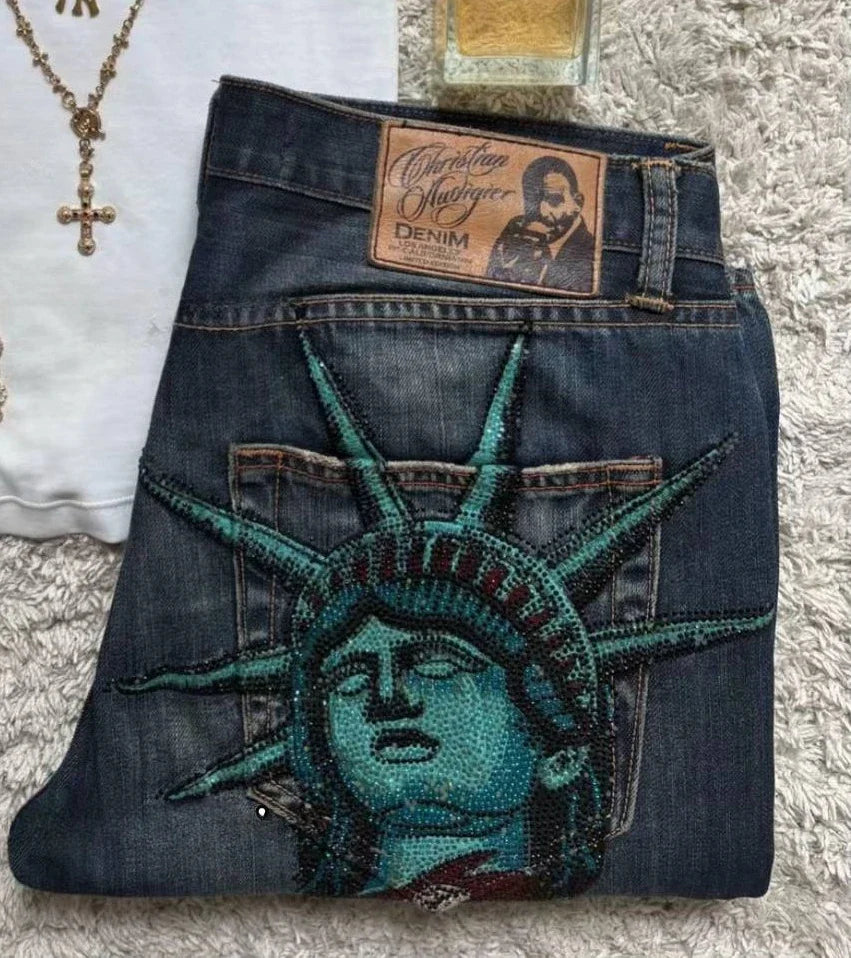 Calça Jeans Vintage Liberty Brilhante com Strass Casual Cintura Baixa Reta Perna Larga Harajuku Y2k Anos 2000 Roupa Feminina