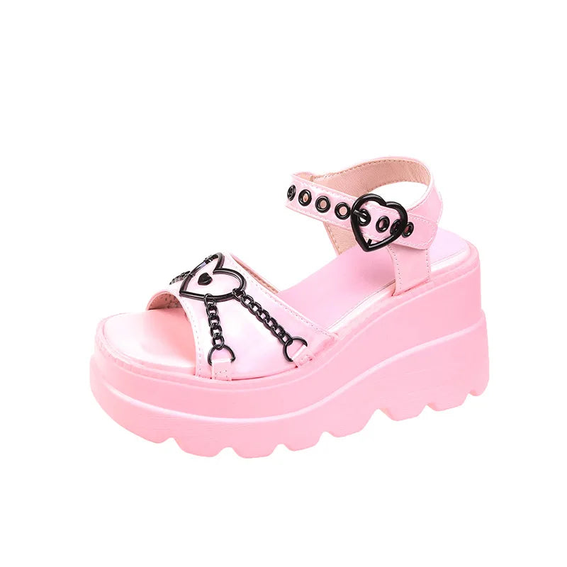 35-42 Plus Size Fashion Slope Heel Women Metal Chain Decoration Sandals Female Platform Buckle Shoes Women's Sandals Tide Shoes