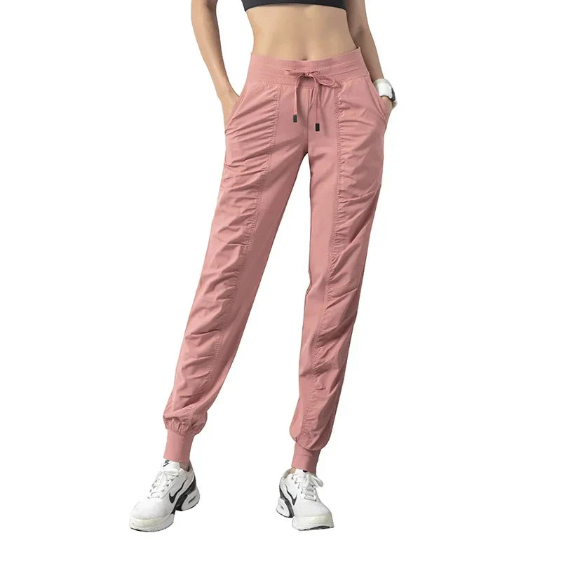 Fabric Drawstring Running Sport Joggers Women Quick Dry Athletic Gym Fitness Sweatpants with Two Side Pockets Exercise Pants