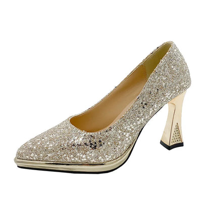 Sapatos Femininos de Paetê da Moda 2024 Novos Sapatos Femininos Bico Fino Boca Rasa Conforto Salto Alto Feminino primavera outono