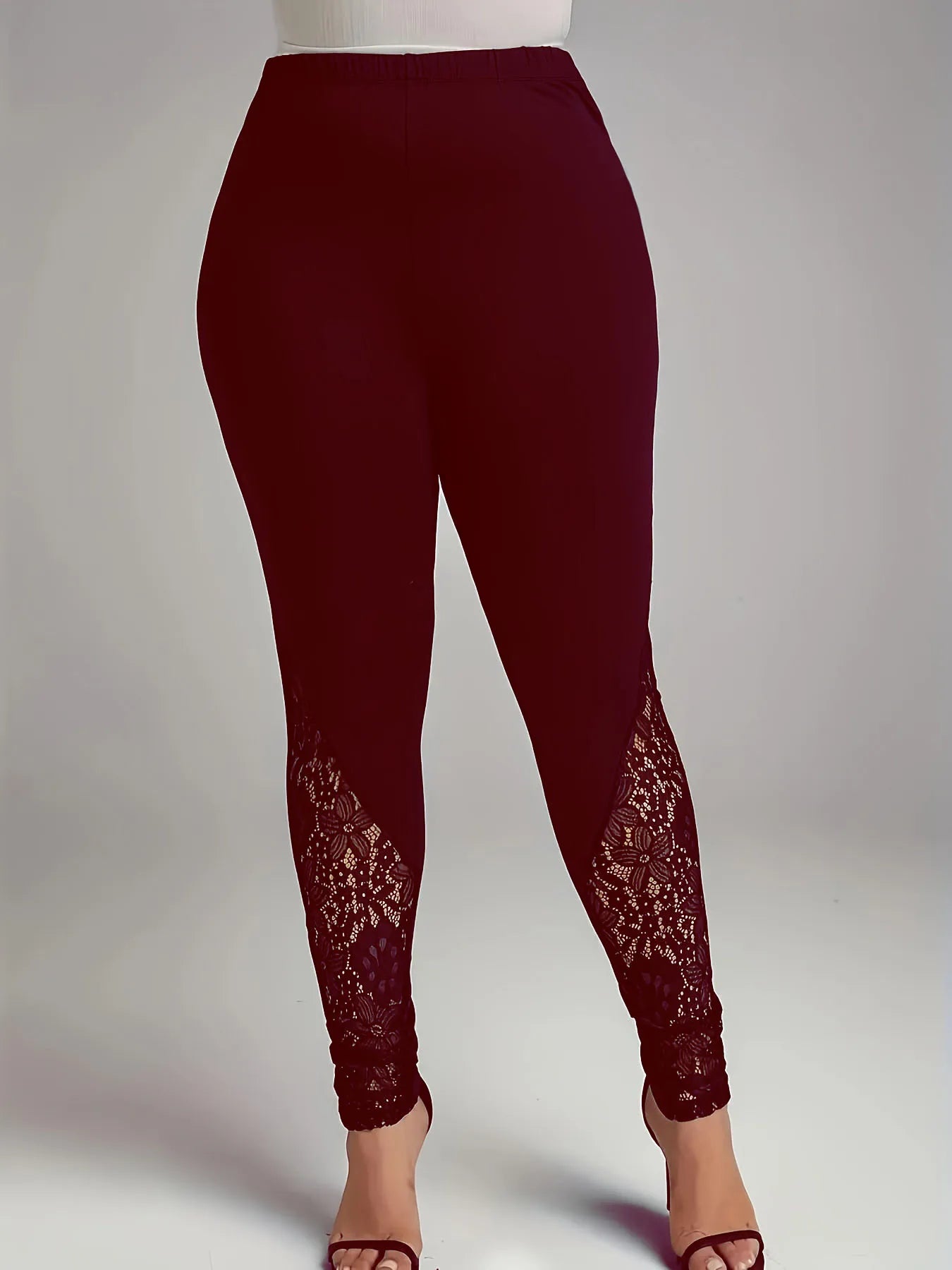 Women's leggings with lace patchwork and contrasting hollow out design