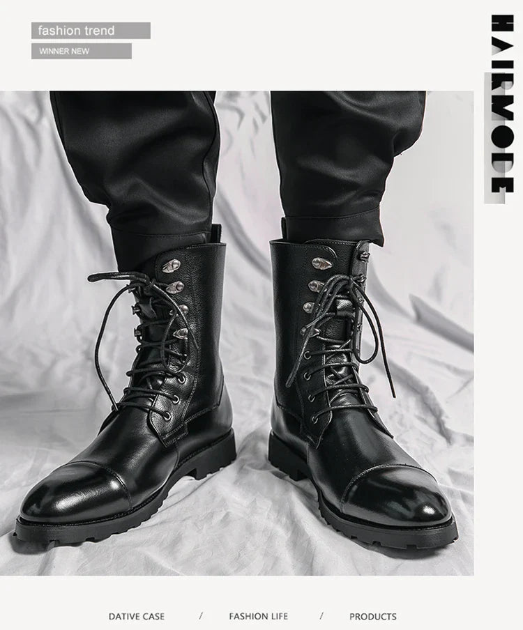 Men Lace Up High-top Boots Fashionable Outdoor Black Combat Boots