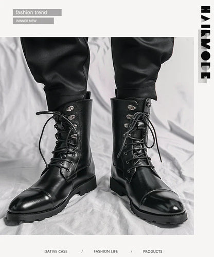 Men Lace Up High-top Boots Fashionable Outdoor Black Combat Boots