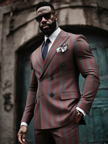 Men's 2-Piece Double Breasted Suit Set - Peak Lapel Striped Tuxedo Jacket & Pants, Formal Business Wedding Prom Attire