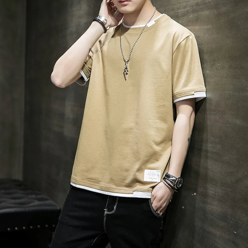 Classic Fake Two Short Sleeved Men's Pure Cotton T-shirt, Men's Summer Men's Interior Matching Trendy Brand T-shirt